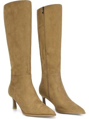 Women's Tan Suede Side Zipper Tall Boots Pointed Toe Fall Kitten Heel
